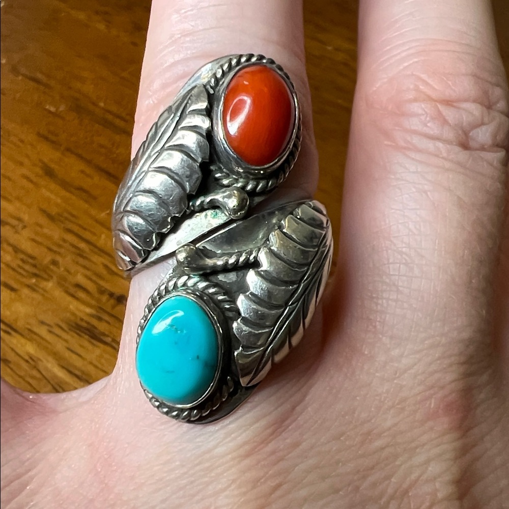 Spiral Turquoise & Coral Sterling Silver 925 Feather Ring sz 7, or can be larger
